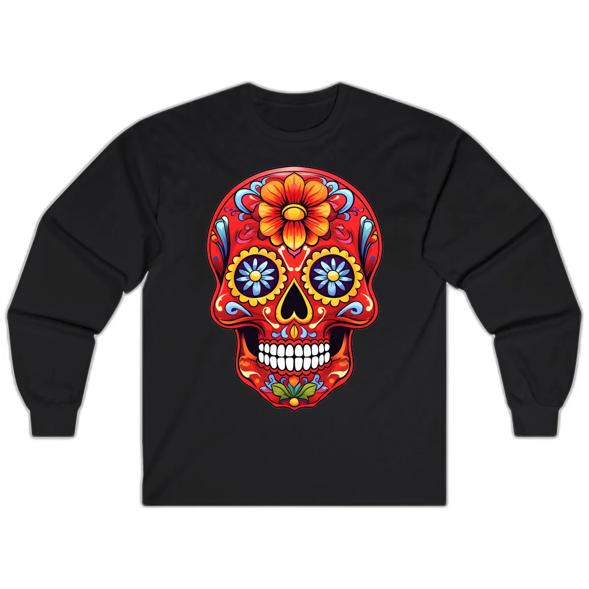 Vibrant Calavera Sugar Skull Design Long Sleeve in Black