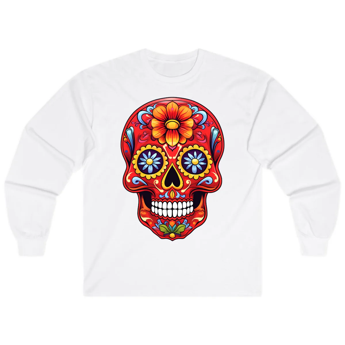 Vibrant Calavera Sugar Skull Design Long Sleeve in White
