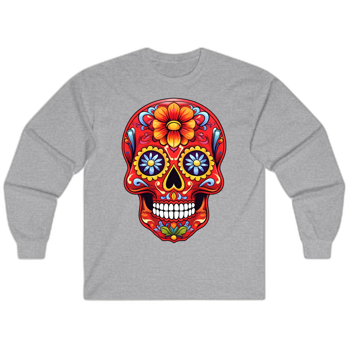 Vibrant Calavera Sugar Skull Design Long Sleeve in Sport Grey