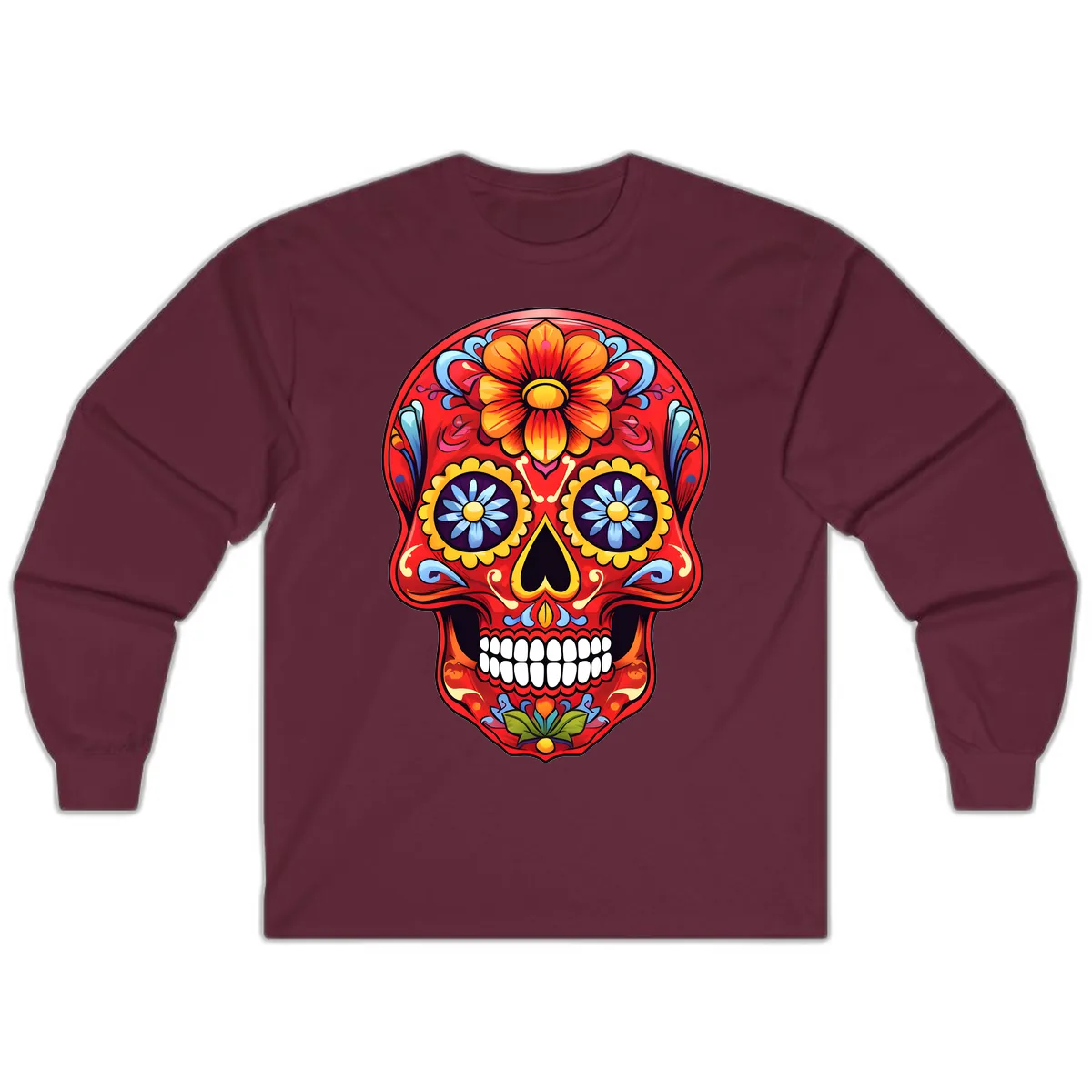 Vibrant Calavera Sugar Skull Design Long Sleeve in Maroon