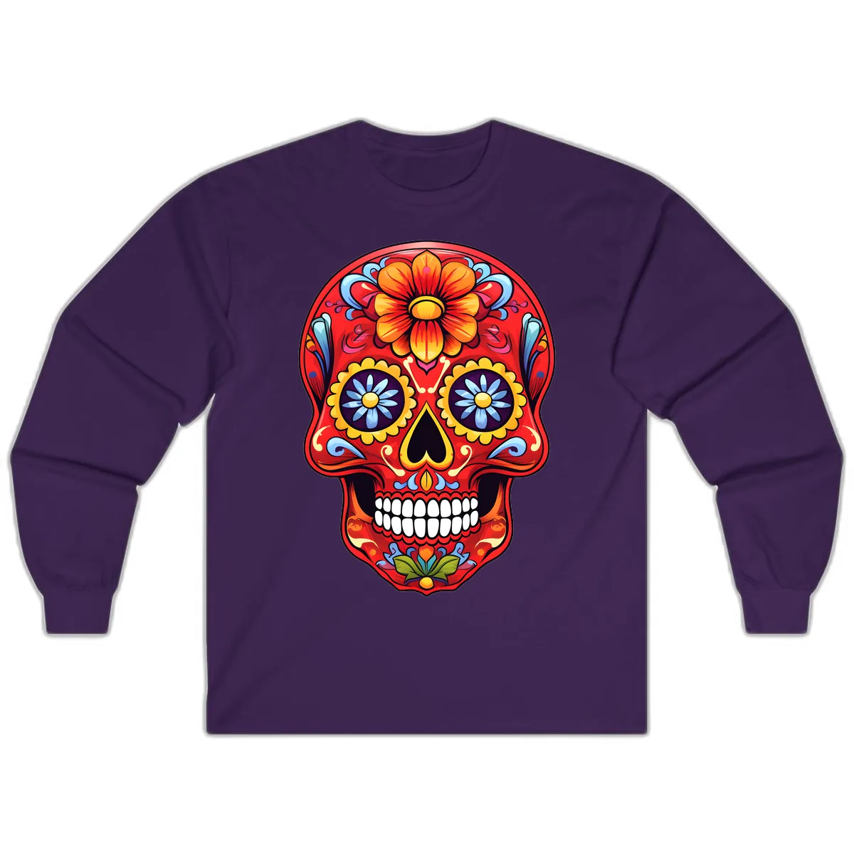 Vibrant Calavera Sugar Skull Design Long Sleeve in Purple