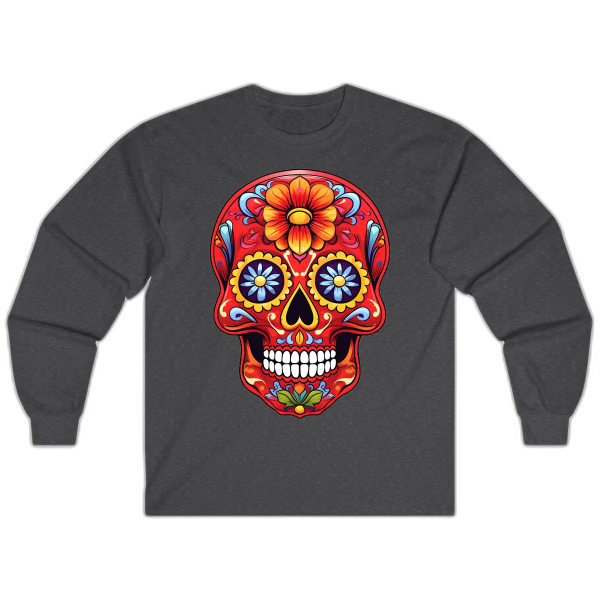 Vibrant Calavera Sugar Skull Design Long Sleeve in Dark Heather