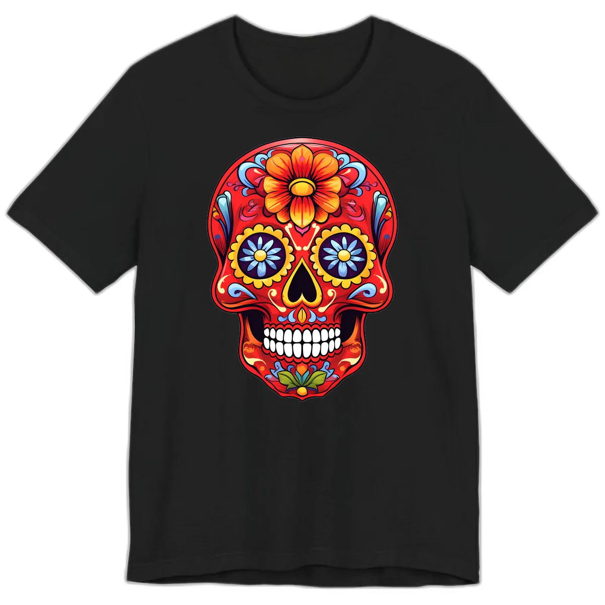 Vibrant Calavera Sugar Skull Design Premium T-Shirt in Black