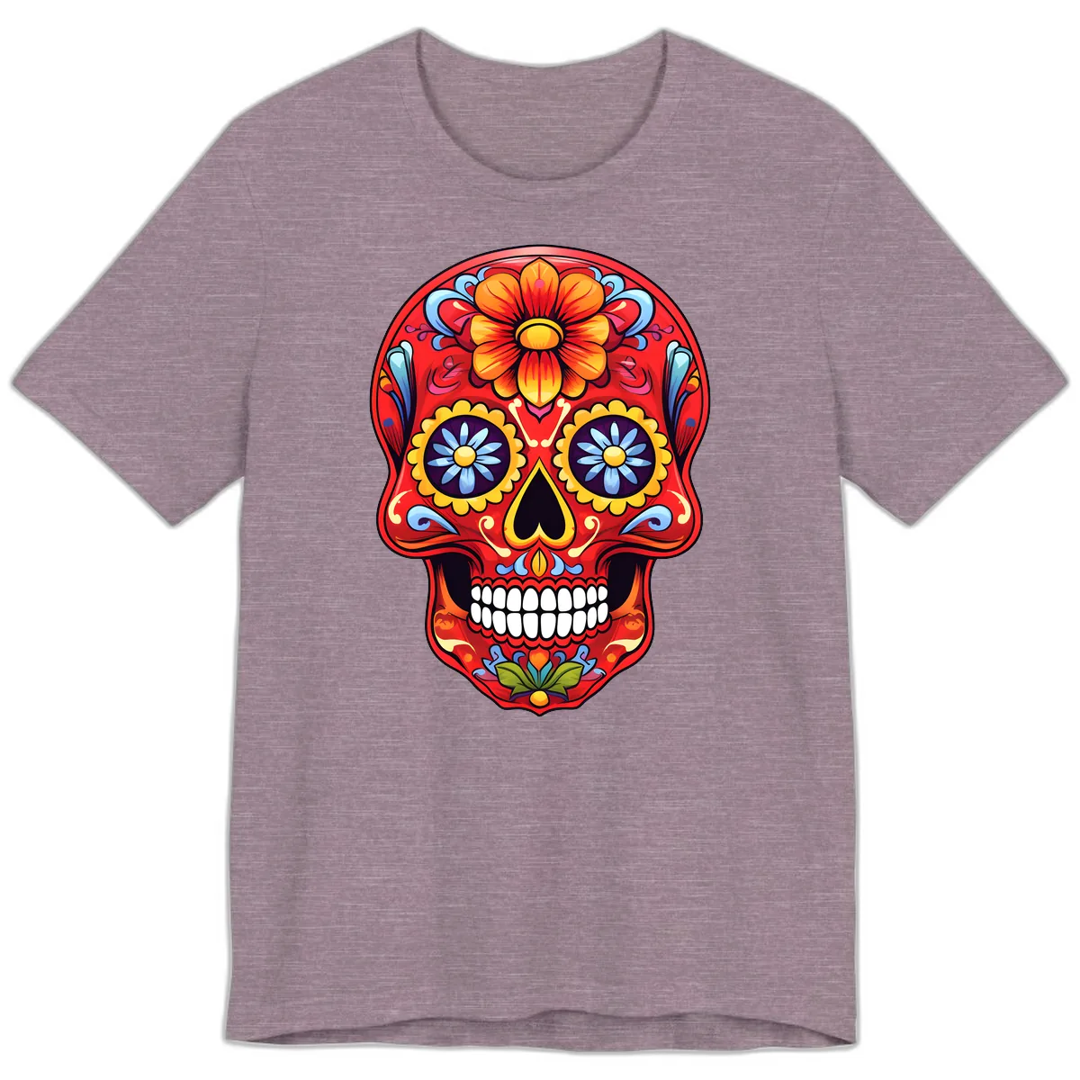 Vibrant Calavera Sugar Skull Design Premium T-Shirt in Heather Purple