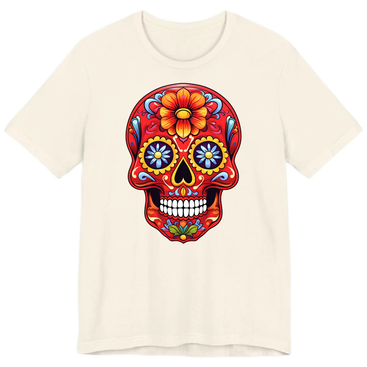 Vibrant Calavera Sugar Skull Design Premium T-Shirt in Natural