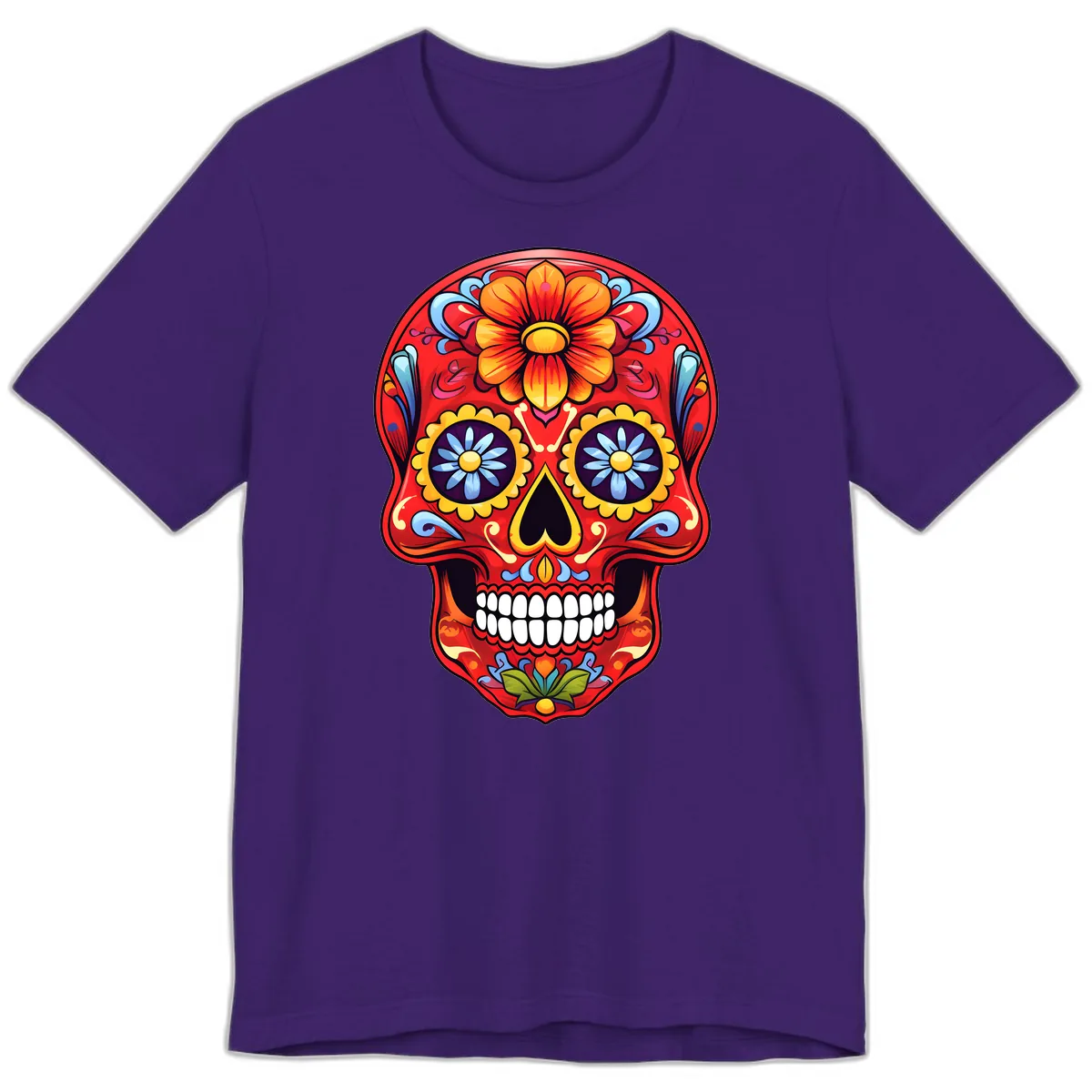 Vibrant Calavera Sugar Skull Design Premium T-Shirt in Team Purple
