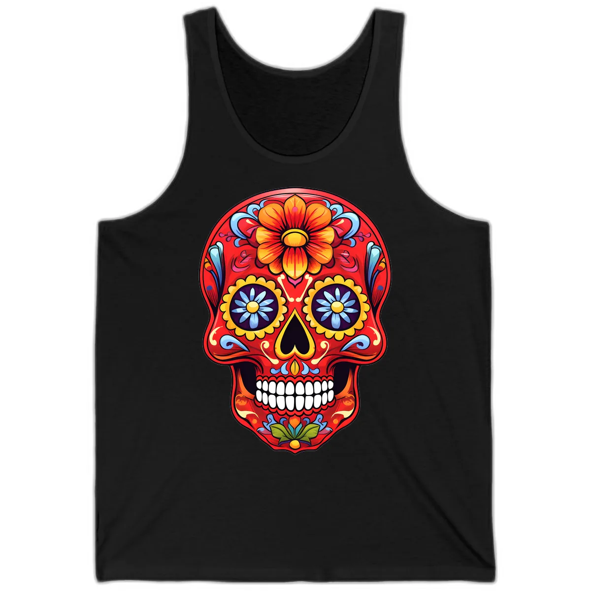 Vibrant Calavera Sugar Skull Design Tank in Black