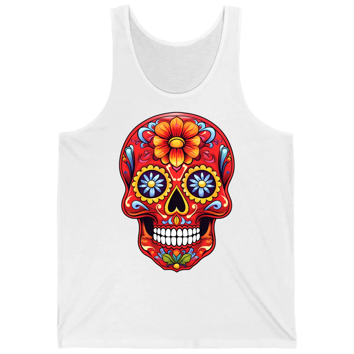 Vibrant Calavera Sugar Skull Design Tank in White