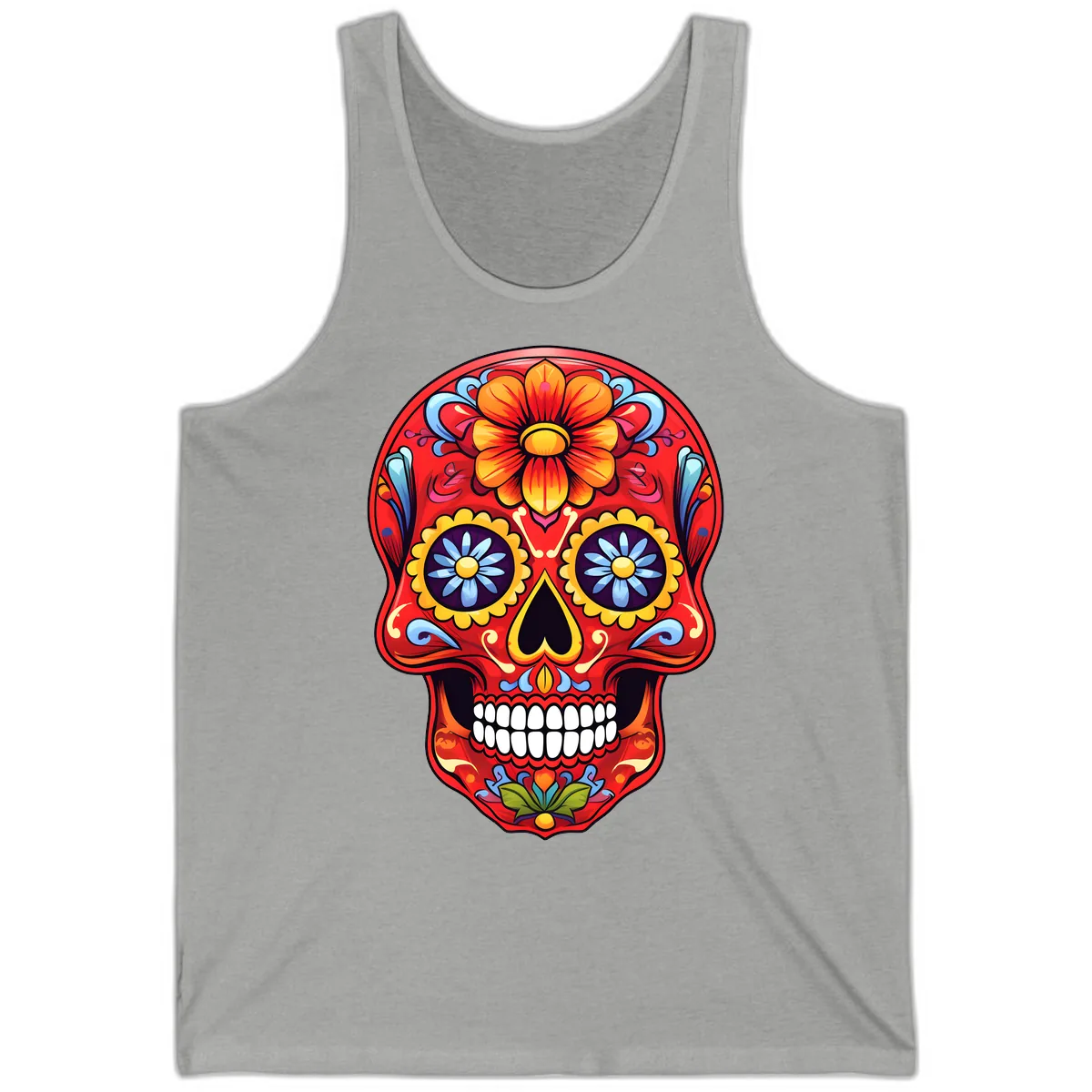 Vibrant Calavera Sugar Skull Design Tank in Athletic Heather