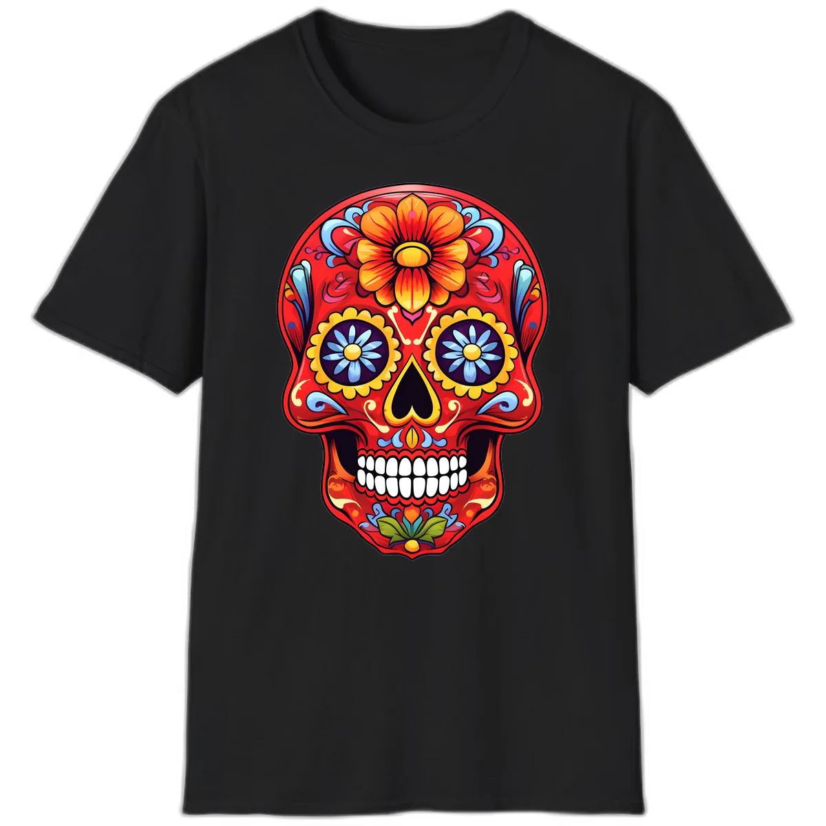 Vibrant Calavera Sugar Skull Design T-Shirt in Black
