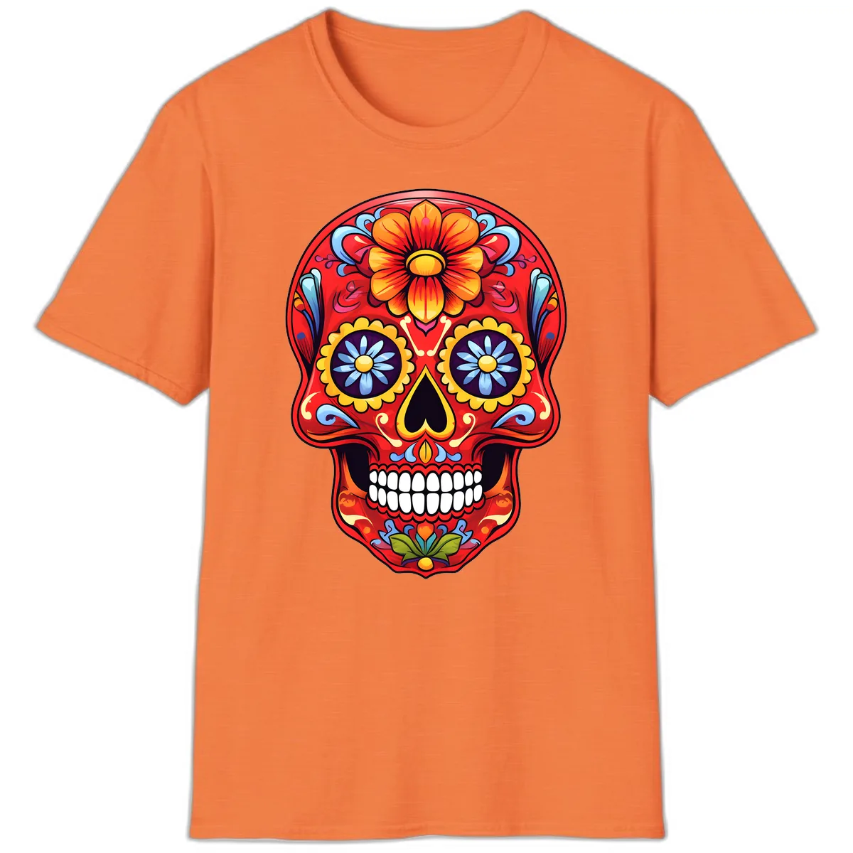 Vibrant Calavera Sugar Skull Design T-Shirt in Heather Orange