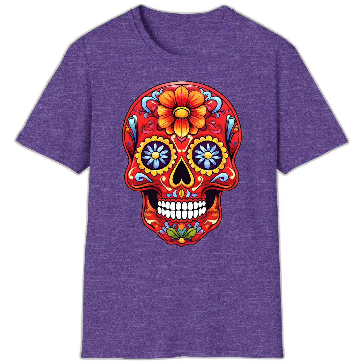 Vibrant Calavera Sugar Skull Design T-Shirt in Heather Purple