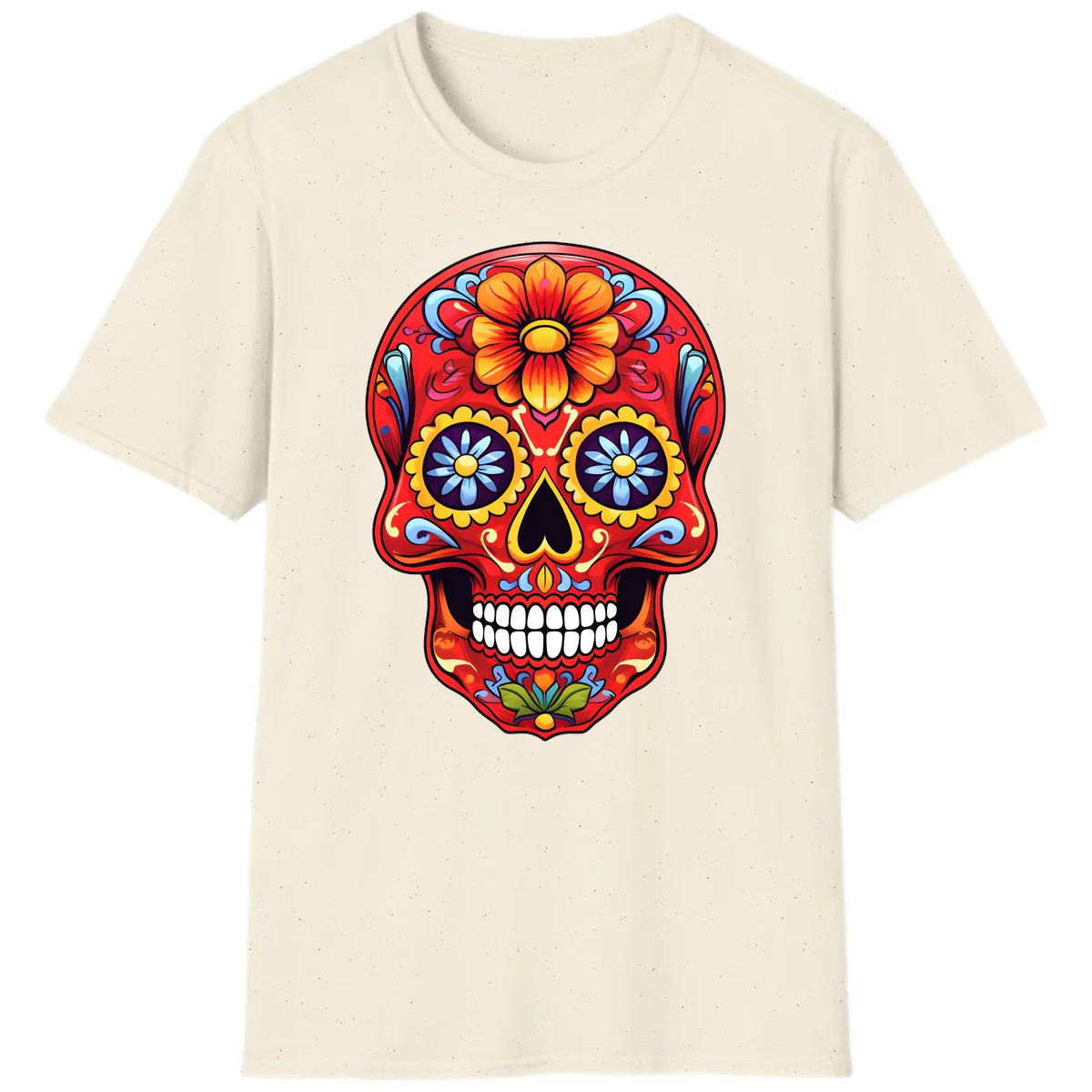 Vibrant Calavera Sugar Skull Design T-Shirt in Natural