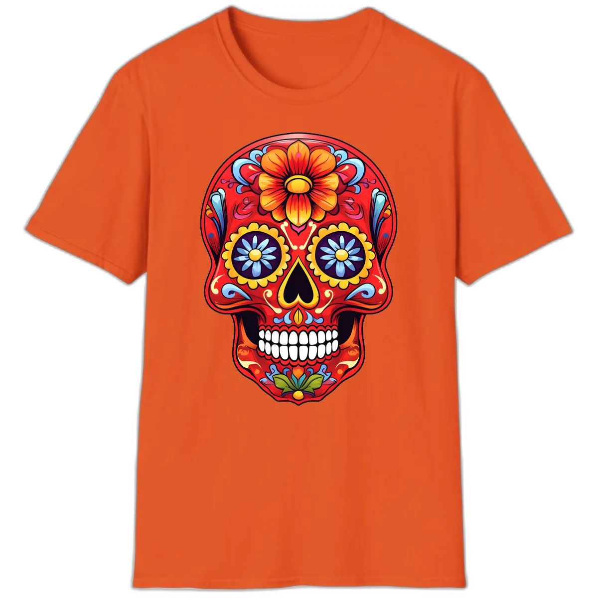 Vibrant Calavera Sugar Skull Design T-Shirt in Orange