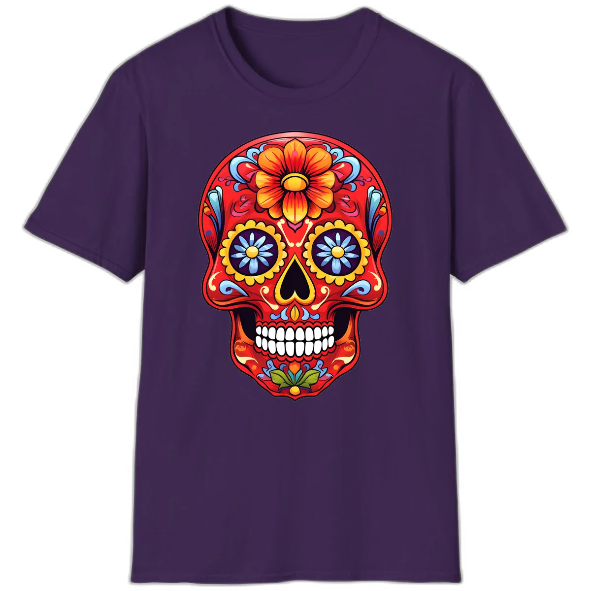 Vibrant Calavera Sugar Skull Design T-Shirt in Purple