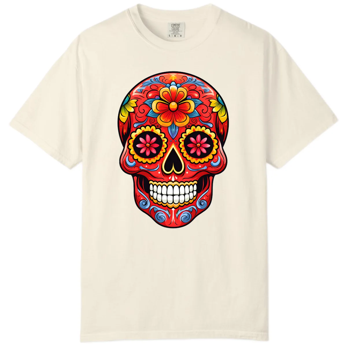 Vibrant Floral Calavera Sugar Skull Art Comfort Color in Ivory