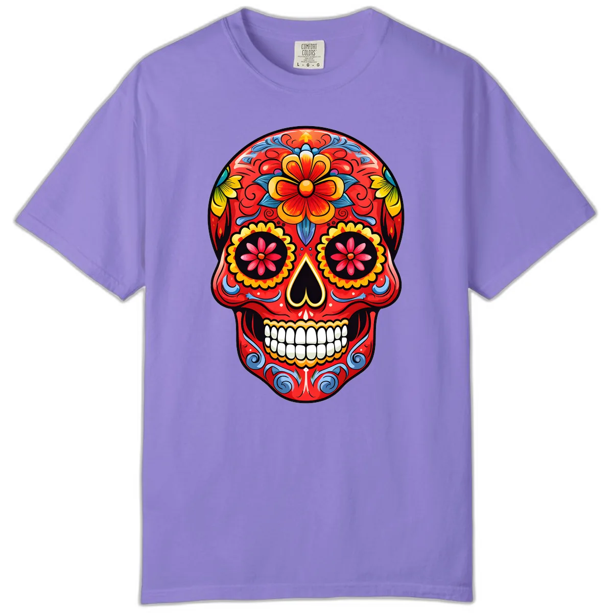 Vibrant Floral Calavera Sugar Skull Art Comfort Color in Violet