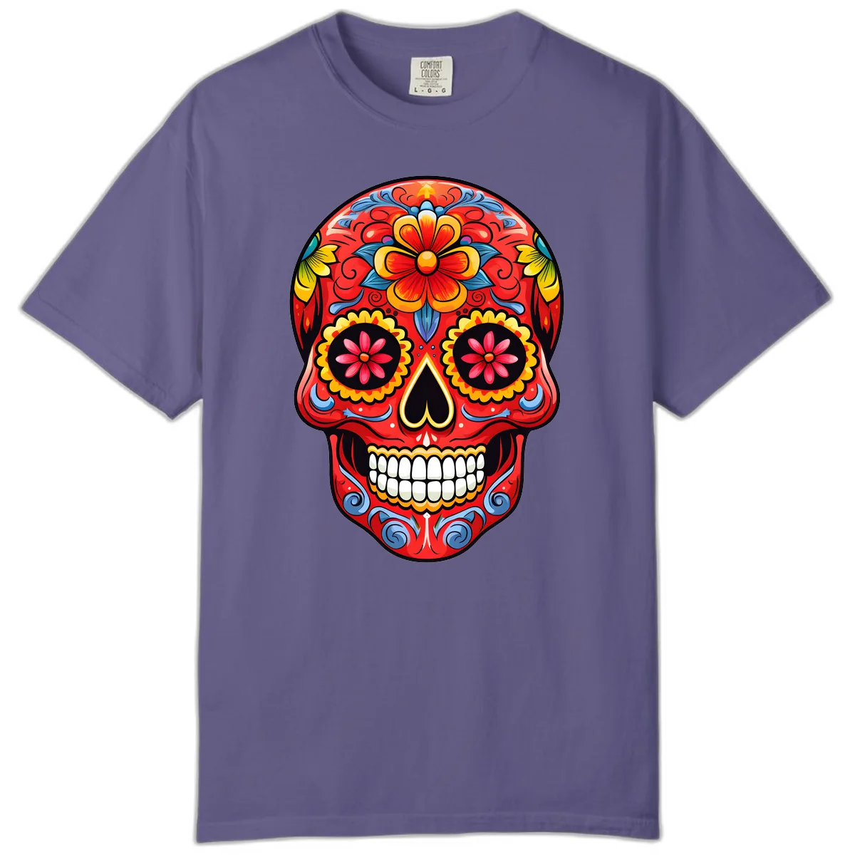 Vibrant Floral Calavera Sugar Skull Art Comfort Color in Grape