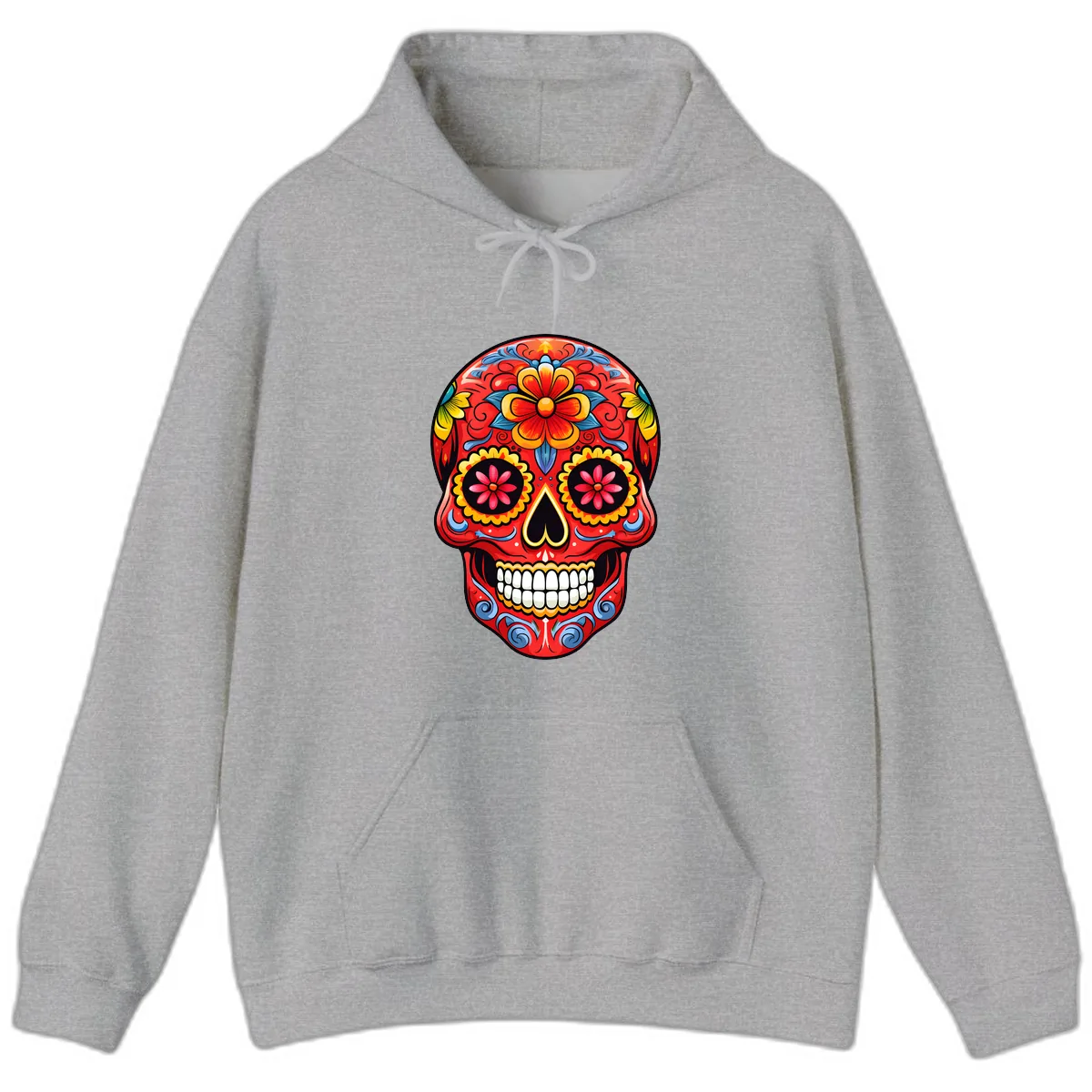 Vibrant Floral Calavera Sugar Skull Art Hoodie in Sport Grey