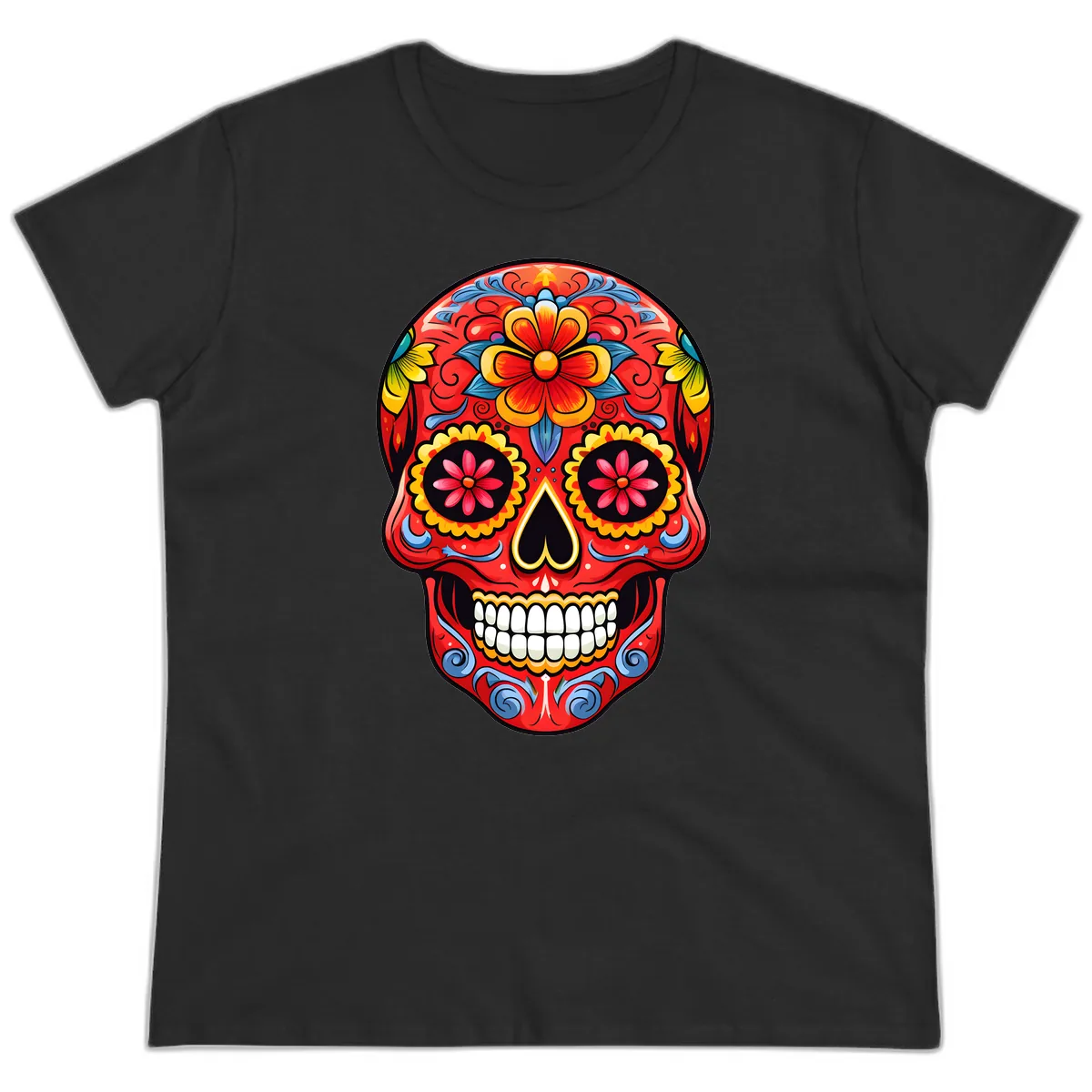 Vibrant Floral Calavera Sugar Skull Art Ladies Tee in Black