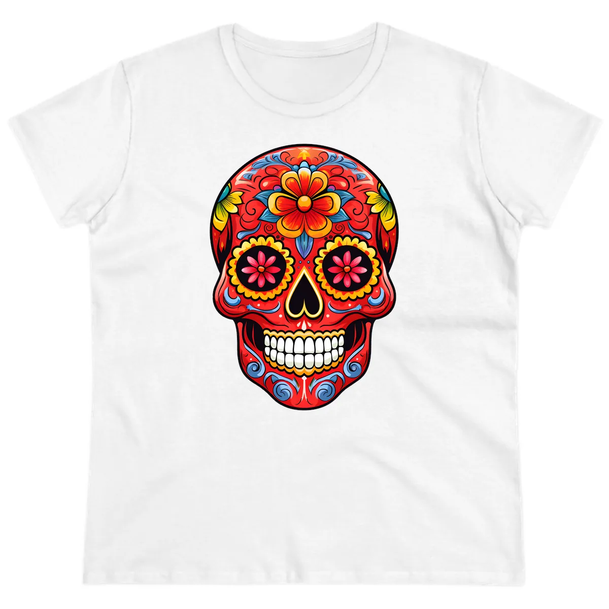 Vibrant Floral Calavera Sugar Skull Art Ladies Tee in White