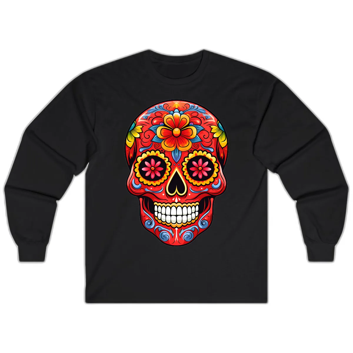 Vibrant Floral Calavera Sugar Skull Art Long Sleeve in Black