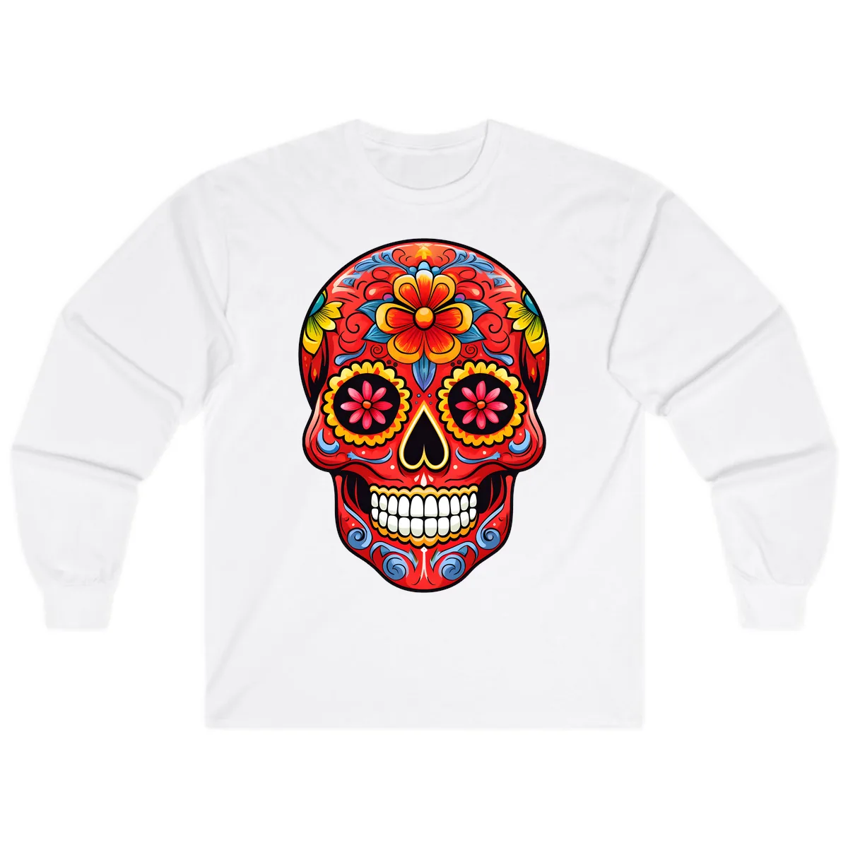 Vibrant Floral Calavera Sugar Skull Art Long Sleeve in White