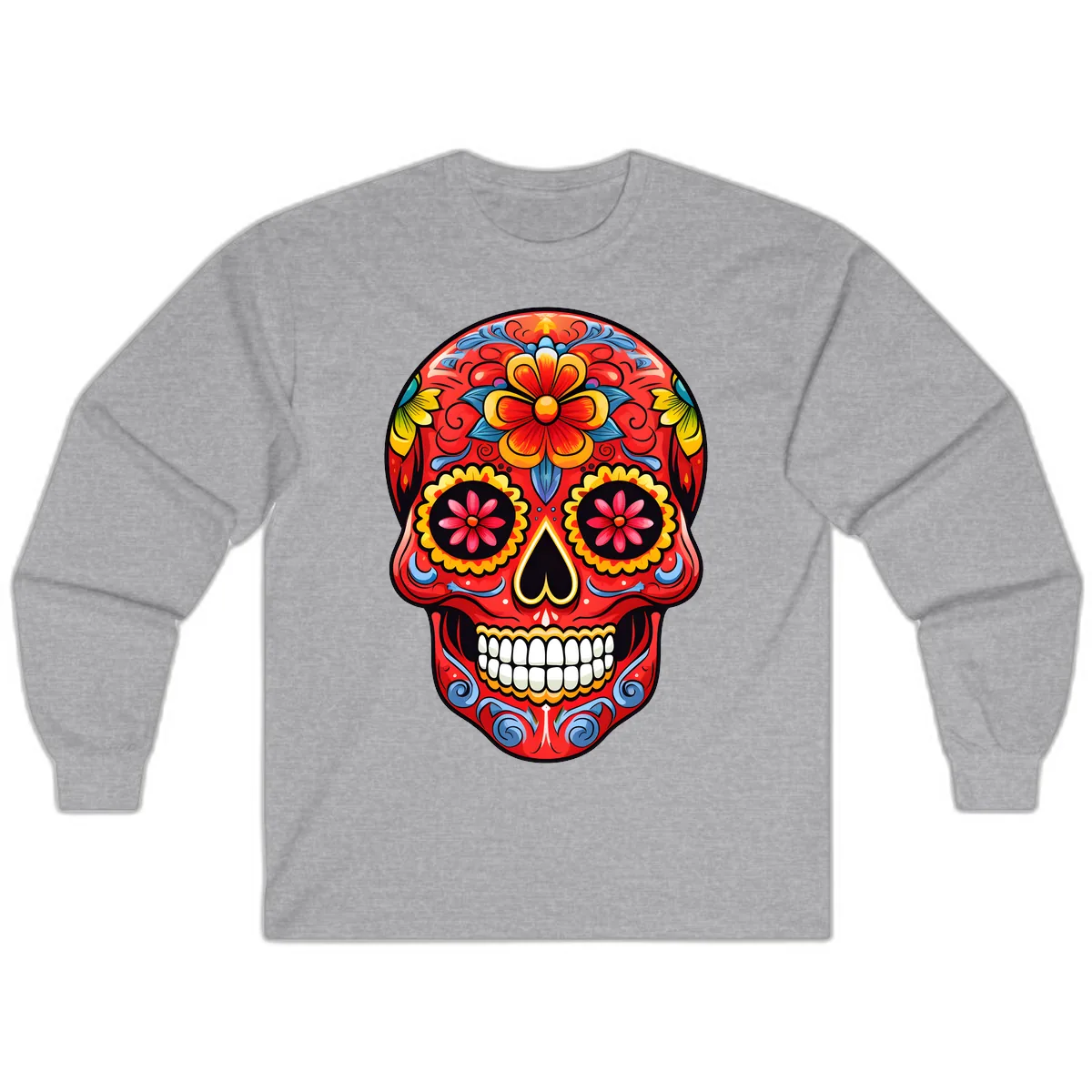 Vibrant Floral Calavera Sugar Skull Art Long Sleeve in Sport Grey