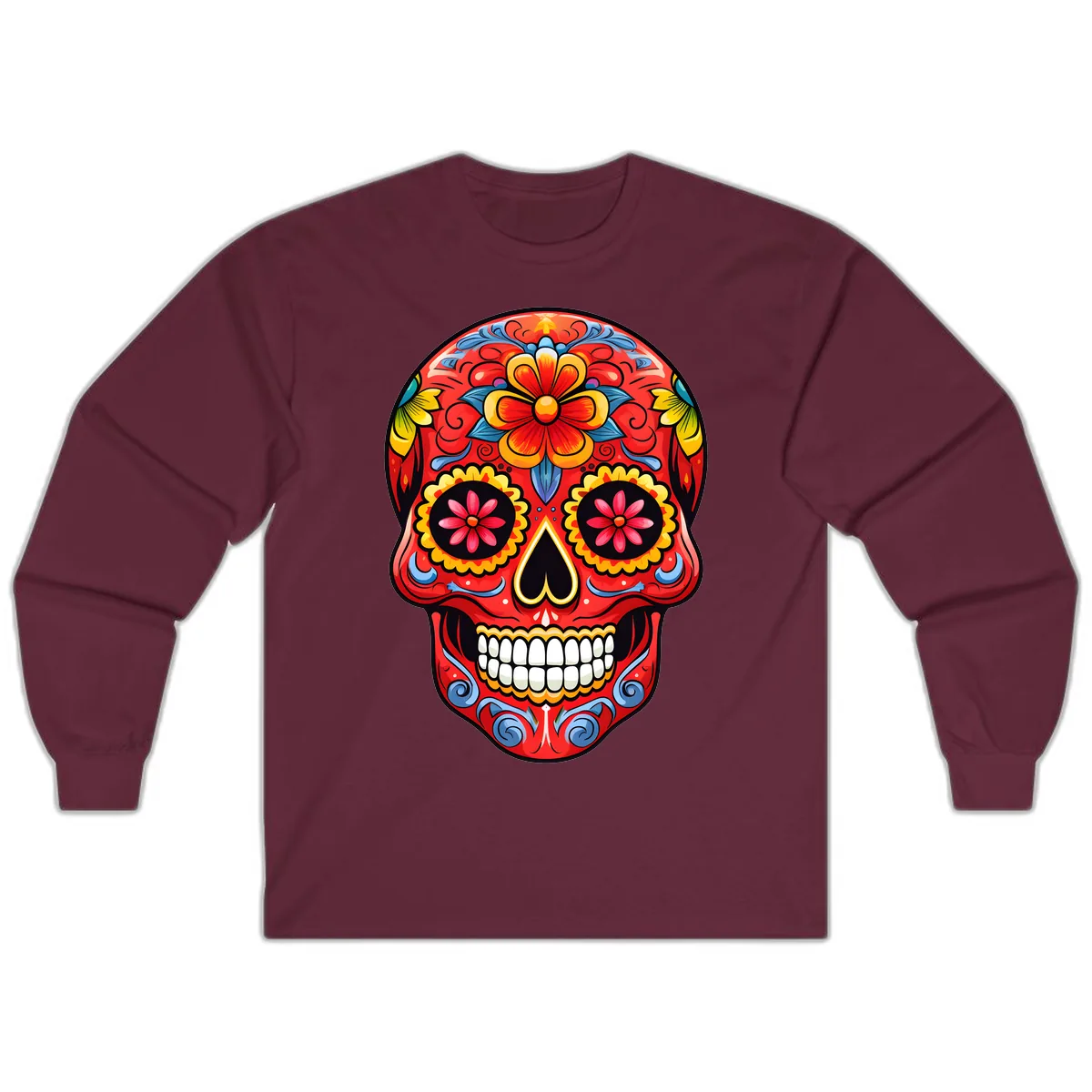Vibrant Floral Calavera Sugar Skull Art Long Sleeve in Maroon