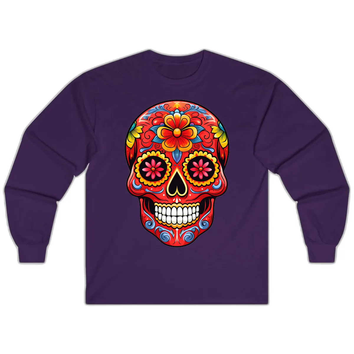 Vibrant Floral Calavera Sugar Skull Art Long Sleeve in Purple