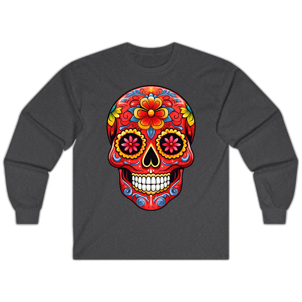 Vibrant Floral Calavera Sugar Skull Art Long Sleeve in Dark Heather