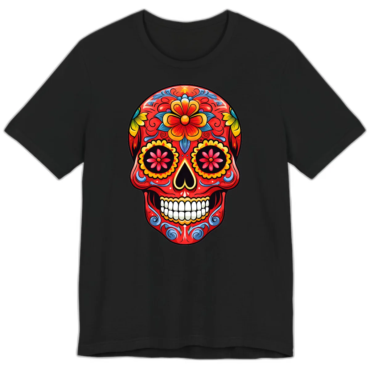 Vibrant Floral Calavera Sugar Skull Art Premium T-Shirt in Black