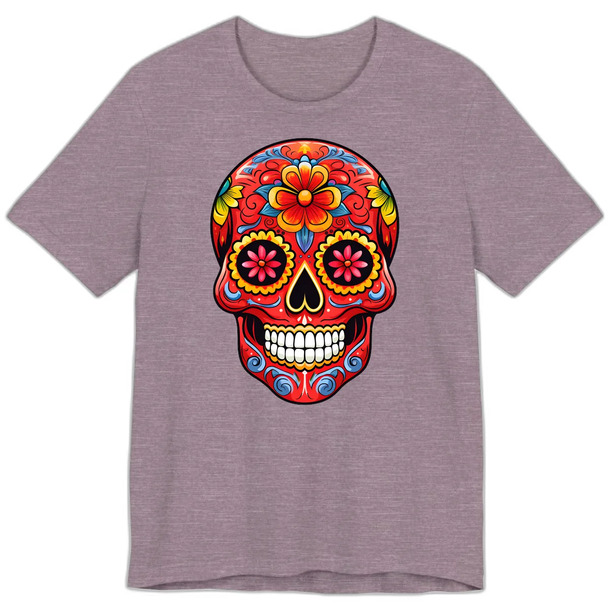 Vibrant Floral Calavera Sugar Skull Art Premium T-Shirt in Heather Purple