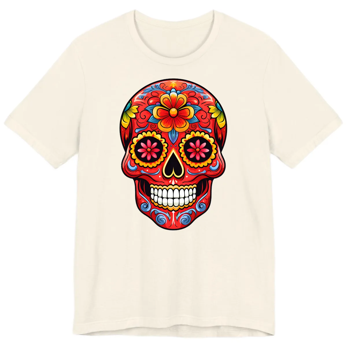 Vibrant Floral Calavera Sugar Skull Art Premium T-Shirt in Natural