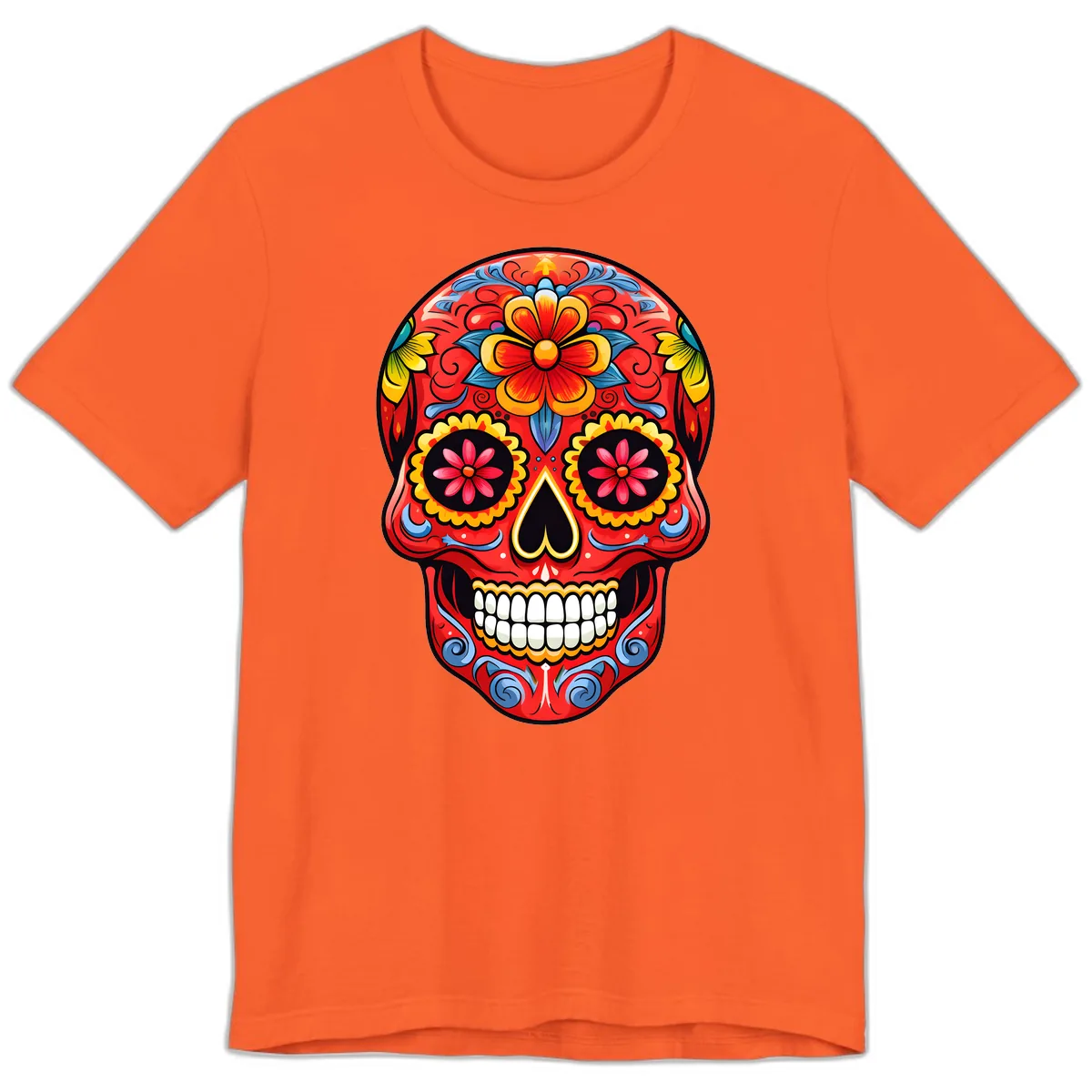 Vibrant Floral Calavera Sugar Skull Art Premium T-Shirt in Orange