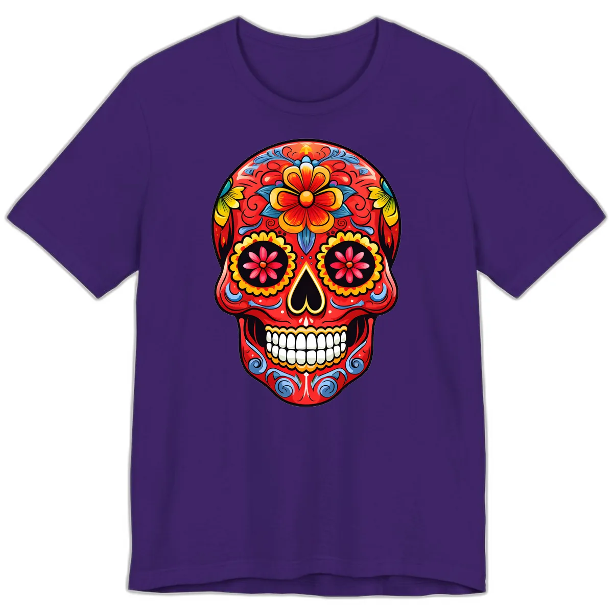 Vibrant Floral Calavera Sugar Skull Art Premium T-Shirt in Team Purple
