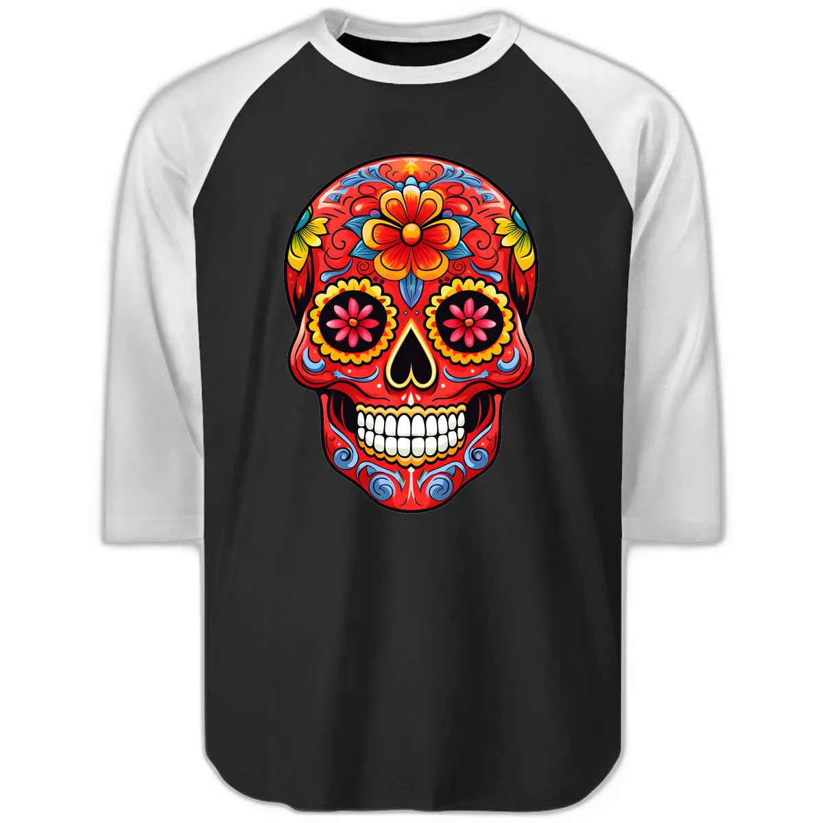 Vibrant Floral Calavera Sugar Skull Art Raglan 3/4 in Black White