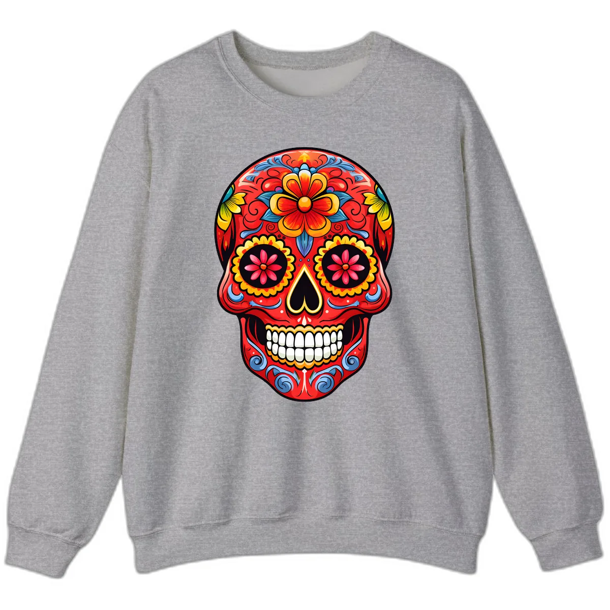 Vibrant Floral Calavera Sugar Skull Art Sweatshirt in Sport Grey