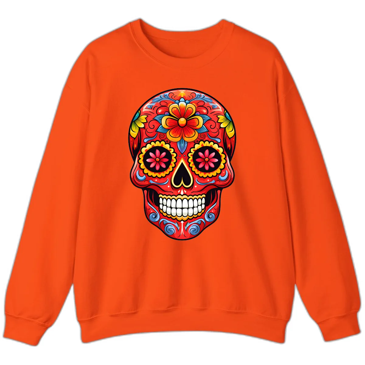 Vibrant Floral Calavera Sugar Skull Art Sweatshirt in Orange