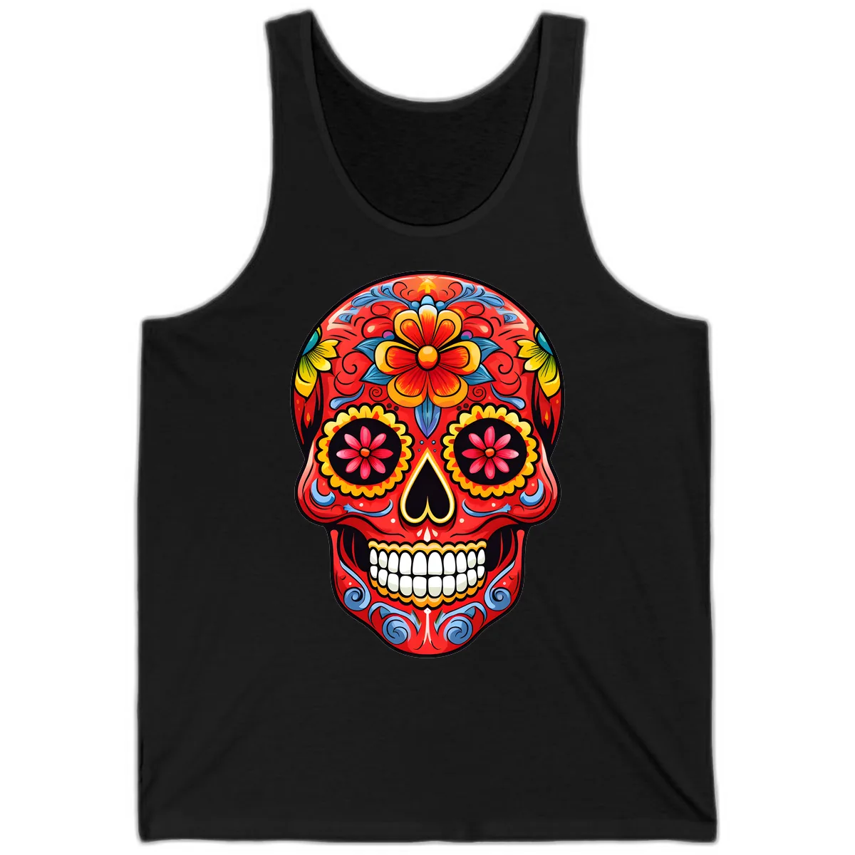 Vibrant Floral Calavera Sugar Skull Art Tank in Black