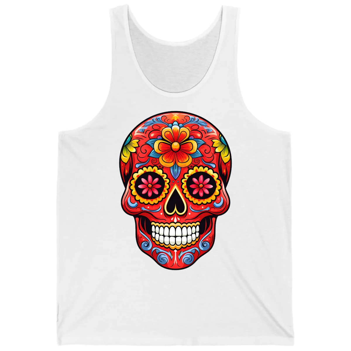 Vibrant Floral Calavera Sugar Skull Art Tank in White