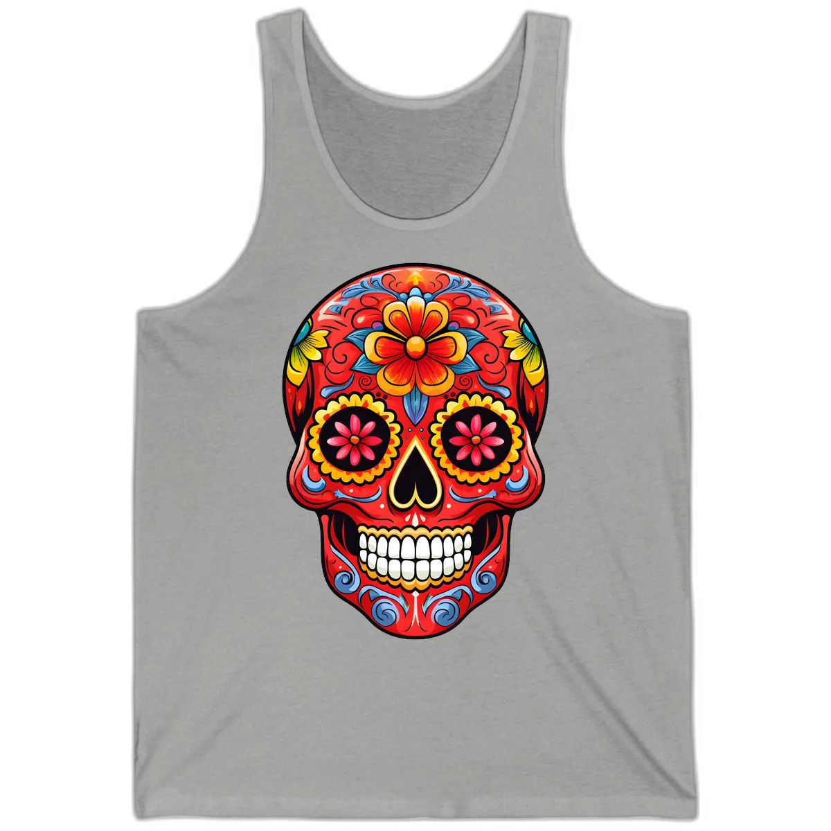 Vibrant Floral Calavera Sugar Skull Art Tank in Athletic Heather