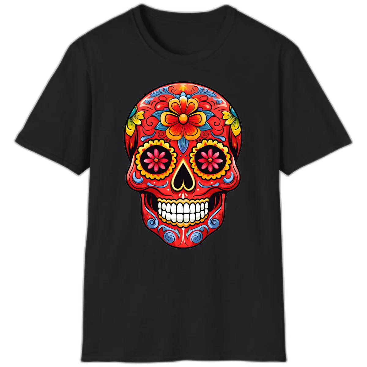 Vibrant Floral Calavera Sugar Skull Art T-Shirt in Black