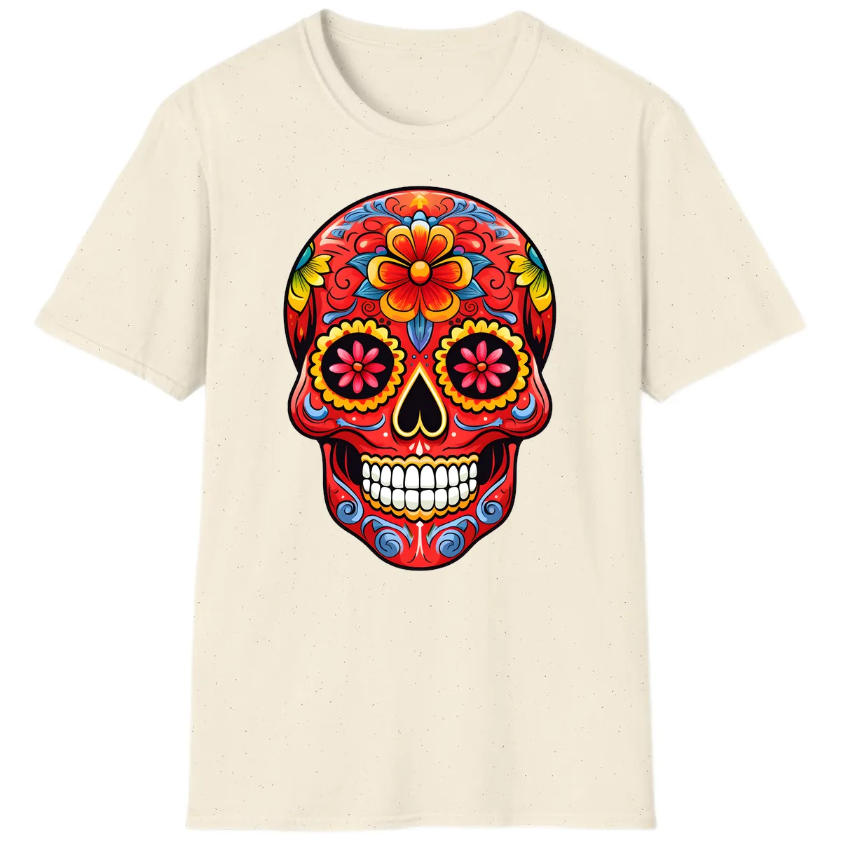 Vibrant Floral Calavera Sugar Skull Art T-Shirt in Natural