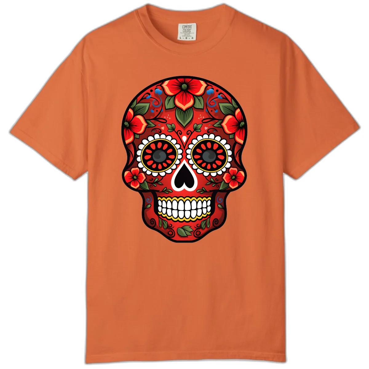 Vibrant Floral Calavera Day of the Dead Skull Comfort Color in Burnt Orange