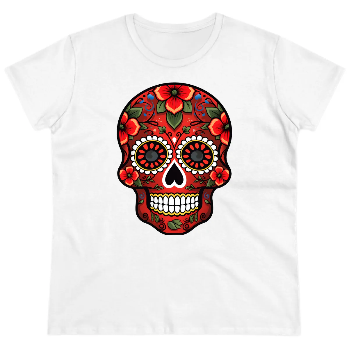Vibrant Floral Calavera Day of the Dead Skull Ladies Tee in White