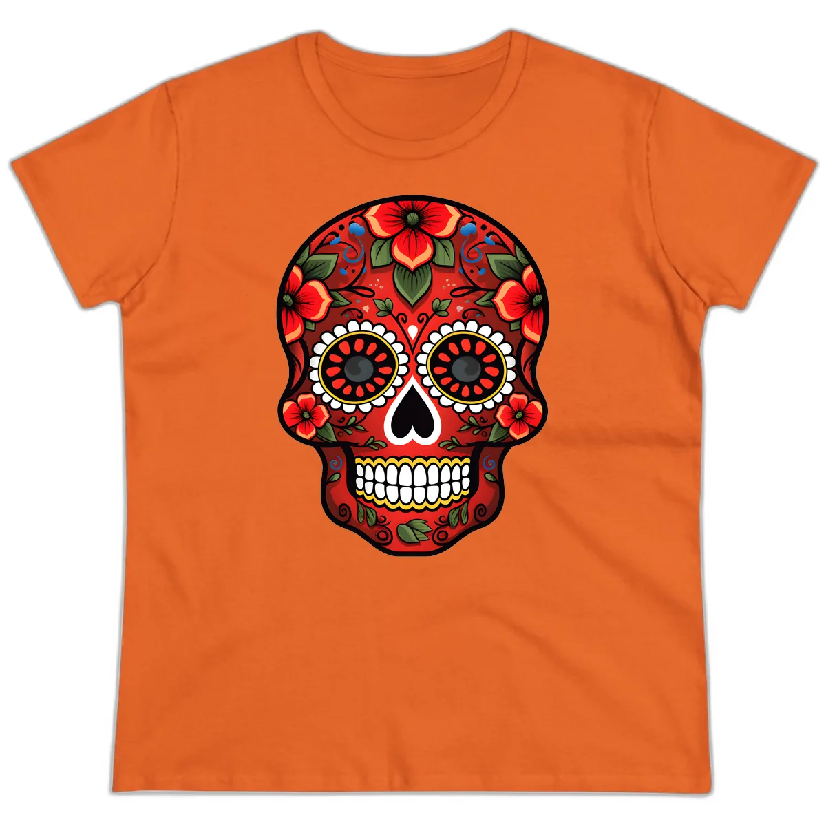 Vibrant Floral Calavera Day of the Dead Skull Ladies Tee in Orange