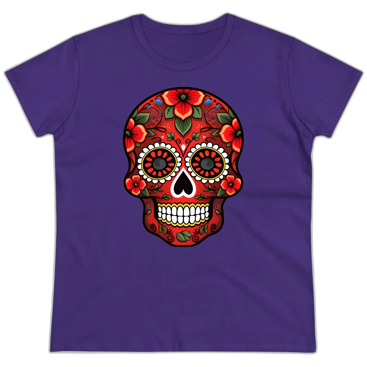 Vibrant Floral Calavera Day of the Dead Skull Ladies Tee in Purple