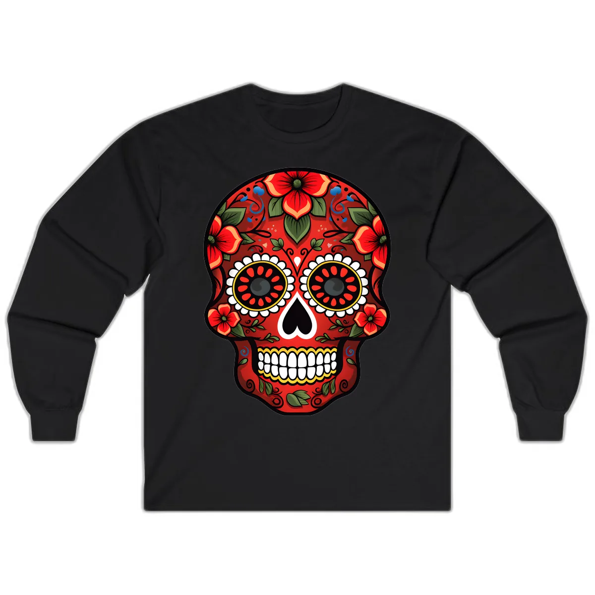 Vibrant Floral Calavera Day of the Dead Skull Long Sleeve in Black