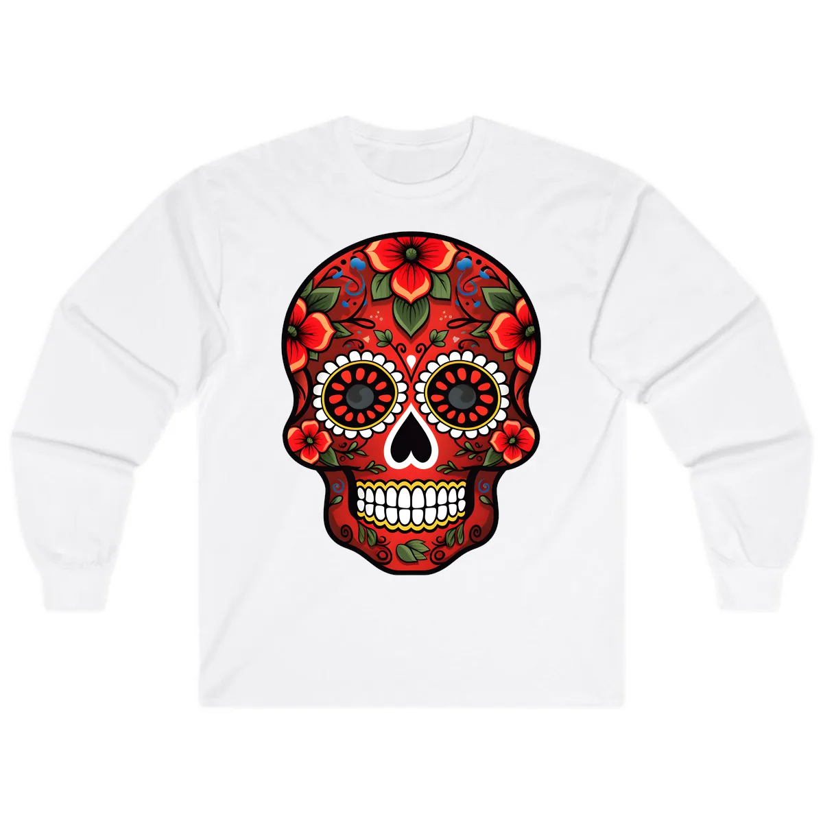 Vibrant Floral Calavera Day of the Dead Skull Long Sleeve in White
